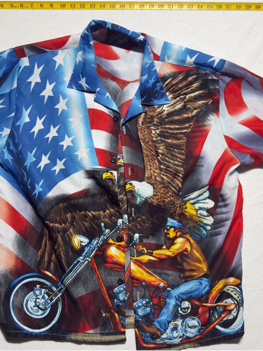 Patriotic Eagle Motorcycle Print Short-Sleeve Shirt - Blue/Red/White